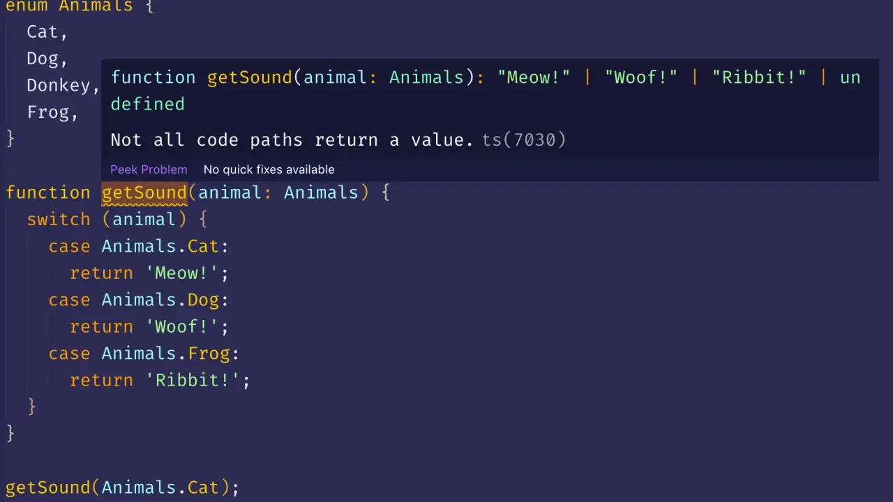 Kod TypeScript z instrukcją `switch case` dla enum `Animals`. Funkcja `getSound` zwraca dźwięk zwierzęcia.