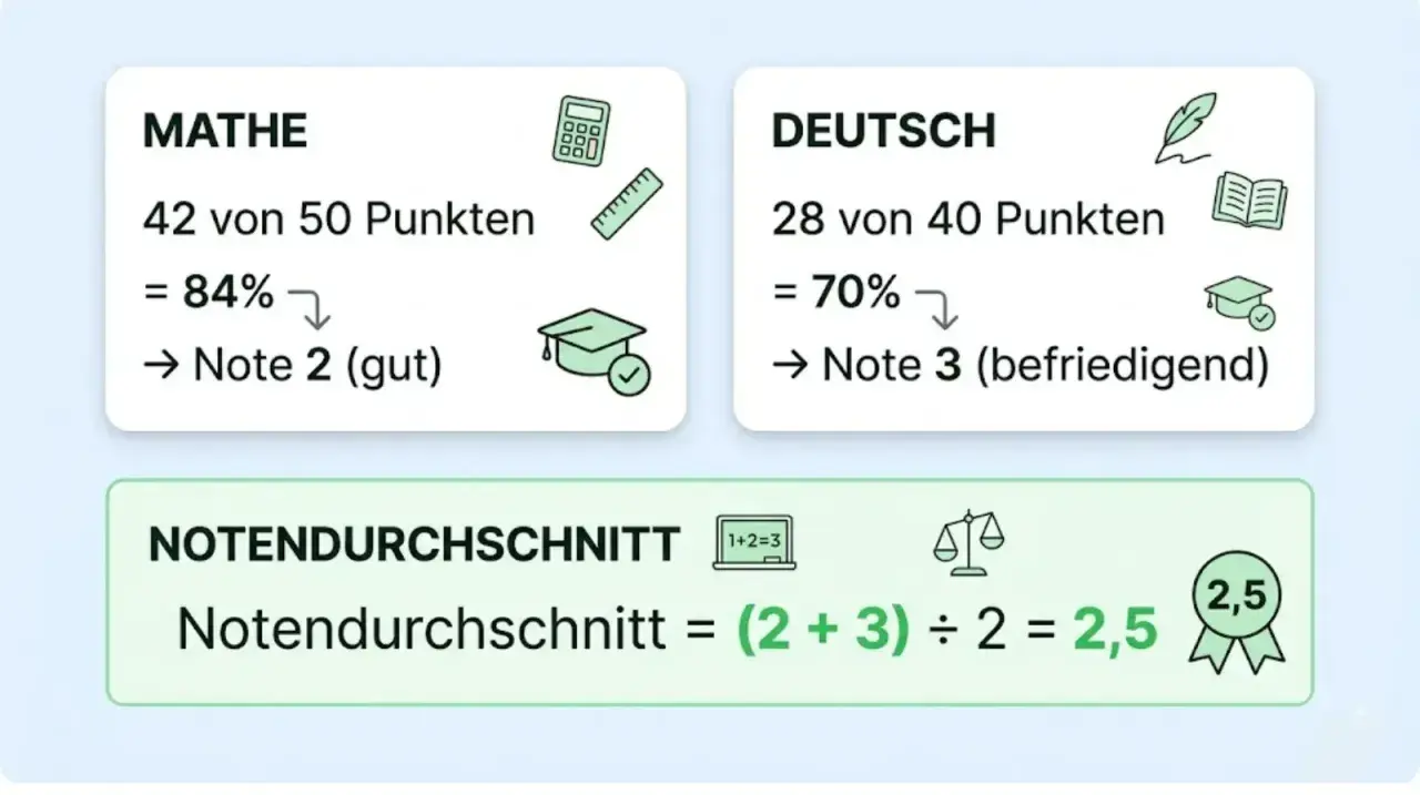 Zwei Karten zeigen Notenberechnungen für Mathe und Deutsch, darunter die Formel für den Notendurchschnitt.