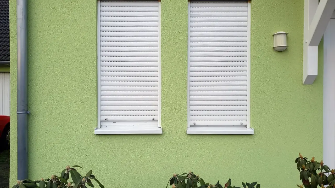 Dwa okna z białymi roletami zewnętrznymi na zielonej ścianie domu. Różne rodzaje rolet zewnętrznych chronią przed słońcem i zapewniają prywatność.