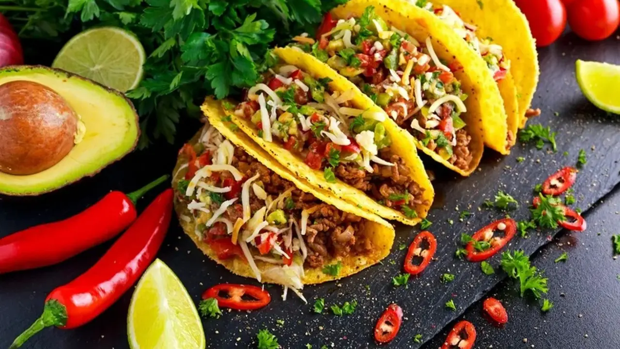 Pyszne dania meksykańskie: tacos z mielonym mięsem, serem, pomidorami i awokado, ozdobione papryczkami chili i limonką.