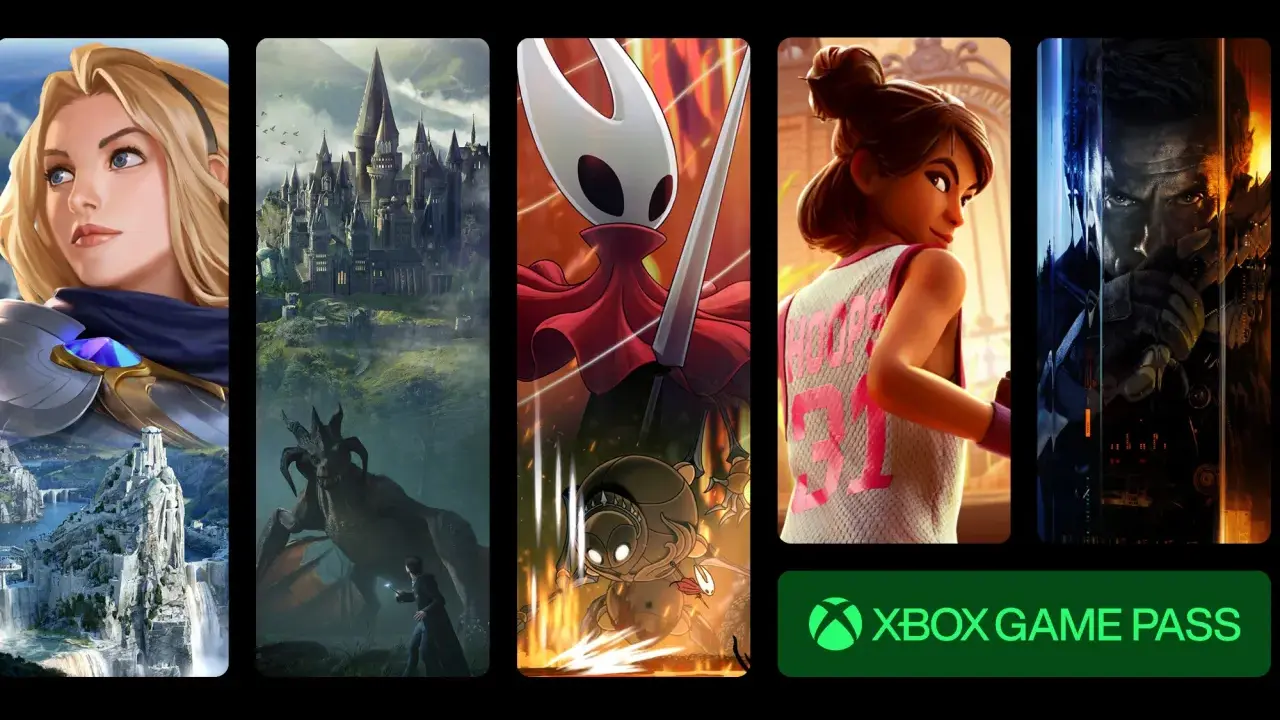 Pięć paneli z grafikami z gier: postać z League of Legends, Hogwart, Hollow Knight, postać z gry sportowej i mężczyzna z gry akcji.