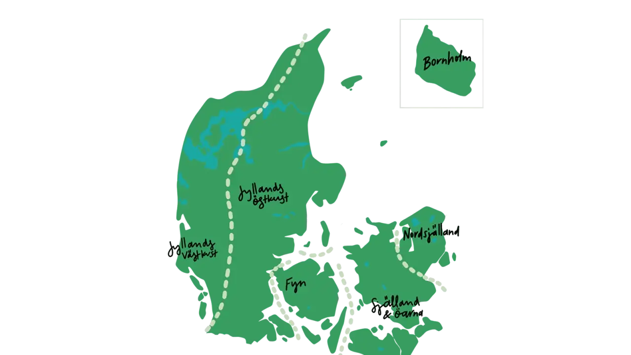 Karta över Danmark med regioner som Jyllands östkust, Fyn och Själland. En inramad Bornholm syns också. Utforska danmark natur!