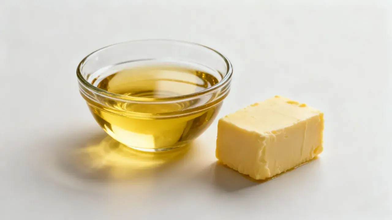 Ein Stück Butter und eine Schüssel mit Öl, bereit für die Zubereitung von Transfetten.