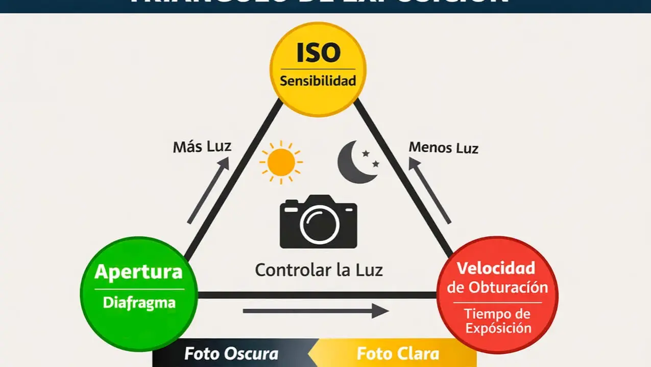 Diagrama del triángulo de exposición: ISO, apertura y velocidad de obturación. Controlar la luz para una exposición perfecta.