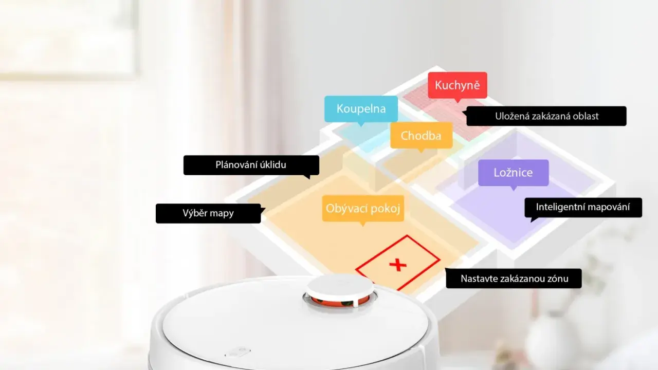 Robot sprzątający Xiaomi Vacuum Mop Pro na tle mapy mieszkania z zaznaczonymi strefami.