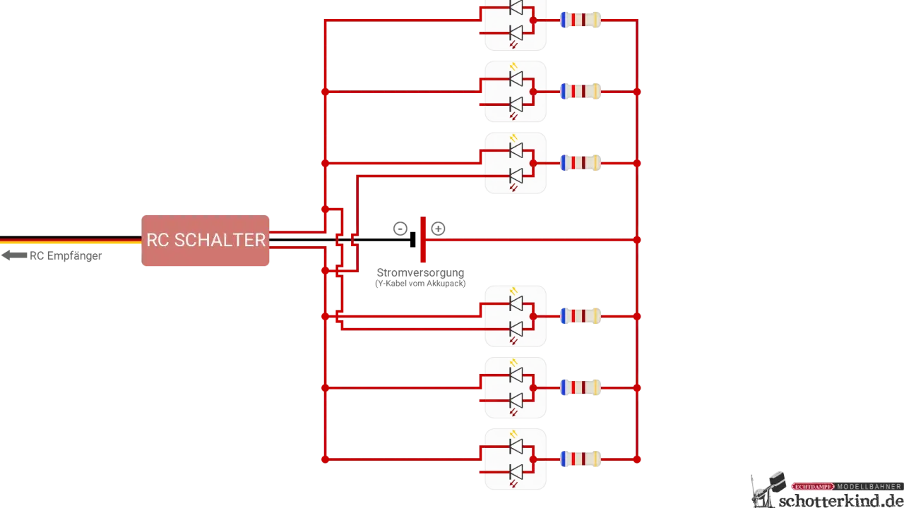 Schaltplan mit RC-Schalter, der sechs rote LEDs mit Widerständen steuert, gespeist von einem Akkupack.
