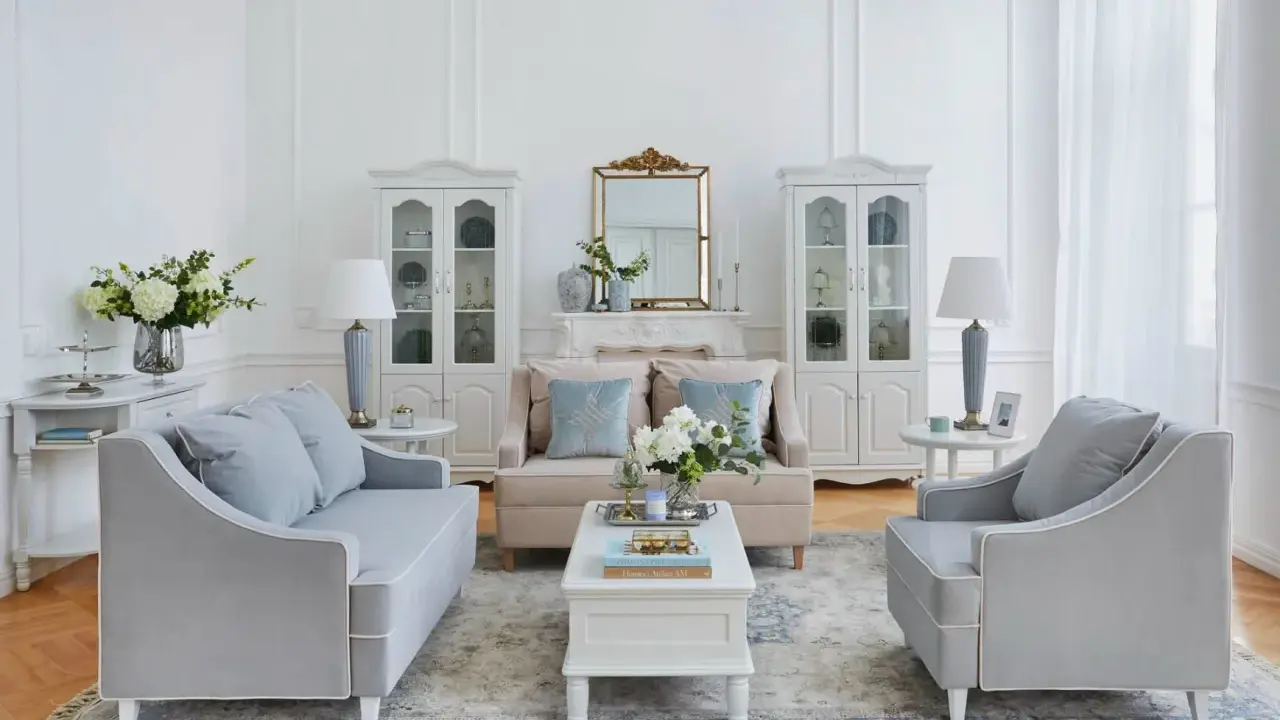 Salotto in stile shabby chic con divani grigi, poltrone, tavolino bianco, specchio dorato e vetrine bianche.