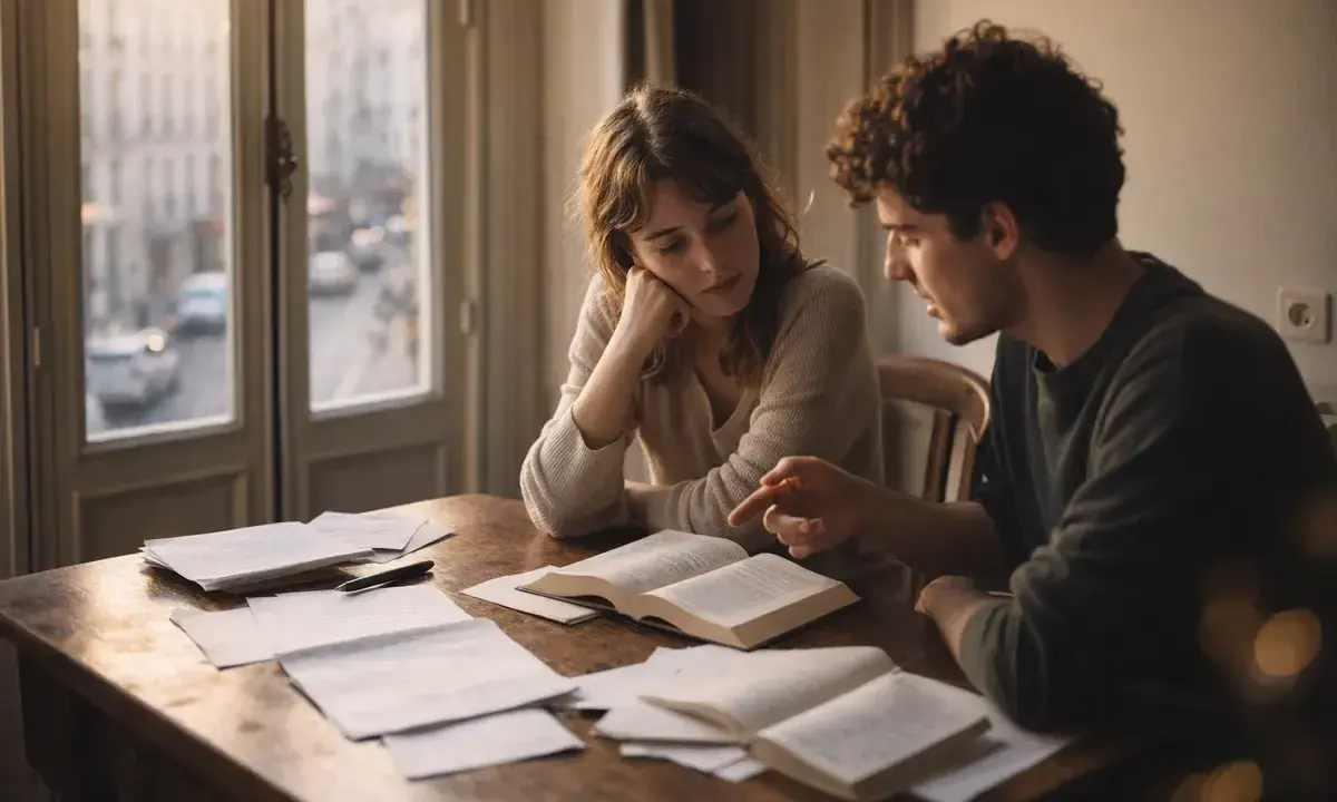 Un couple étudie ensemble, le garçon explique la conjugaison à la fille. Ils contribuent mutuellement à leur apprentissage.