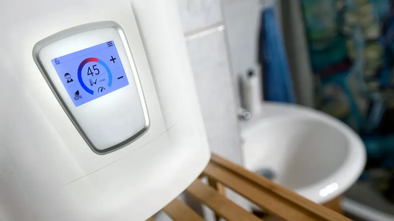 Moderner durchlauferhitzer 18 oder 21 kW zeigt 45°C an. Im Hintergrund ein Waschbecken.