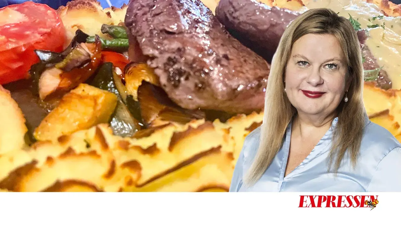En kvinna ler bredvid en läcker plankstek med grönsaker och potatis, en klassisk rätt från Stockholm.