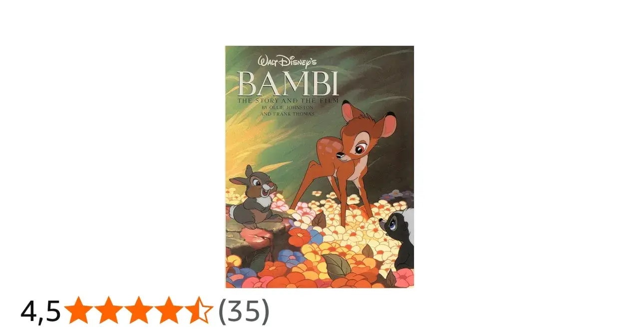 Okładka książki "Bambi" z Disneyowskiej bajki. Bambi, królik i skunks wśród kwiatów.