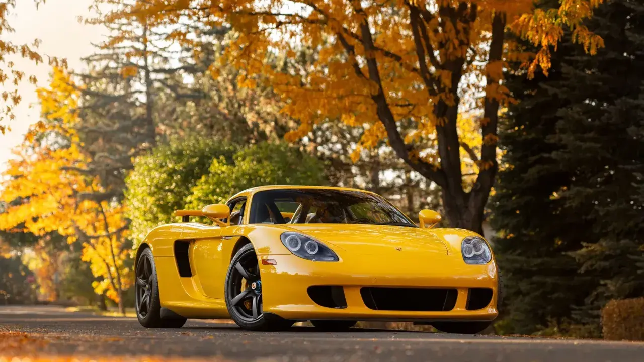 Gelber Porsche Carrera GT parkt unter Herbstlaub.