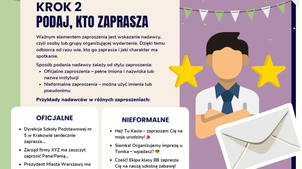 Krok 2: Podaj, kto zaprasza. Ilustracja przedstawia schematyczną postać z dwoma gwiazdkami, obok koperty i tekstu o zaproszeniach.
