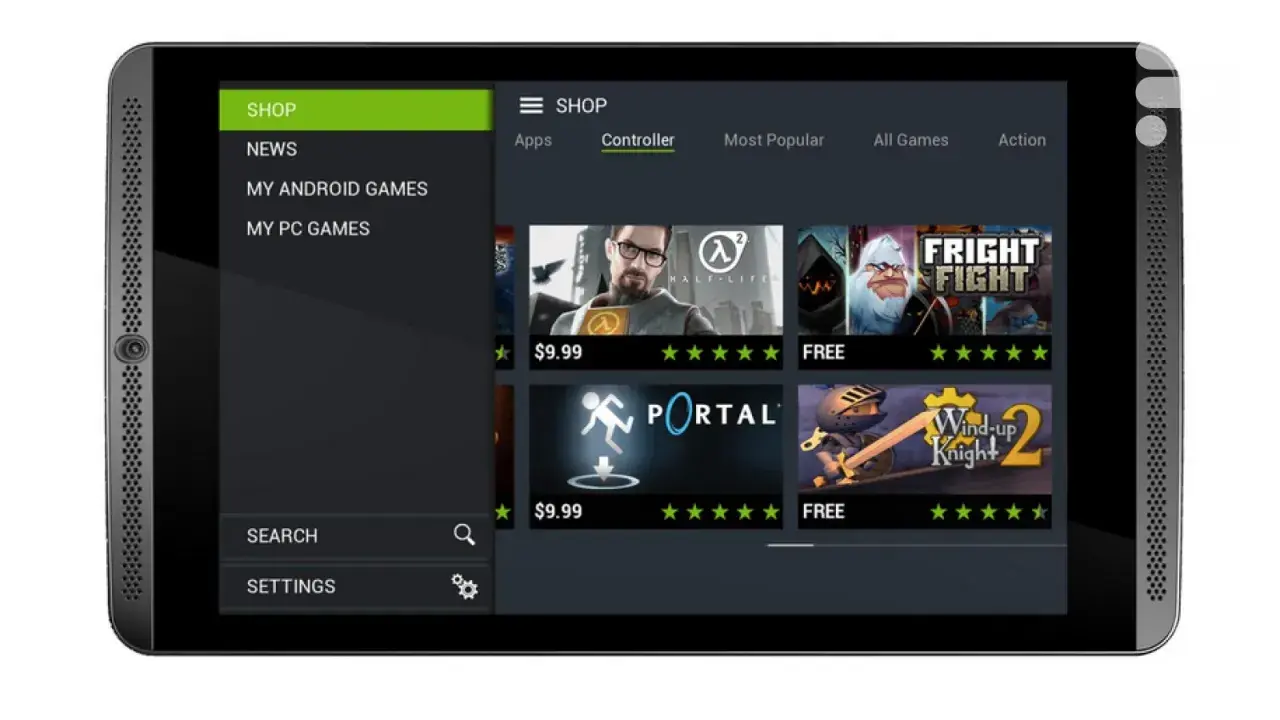 L'écran du Nvidia Shield Tablet affiche le magasin de jeux avec des titres comme Half-Life et Portal.