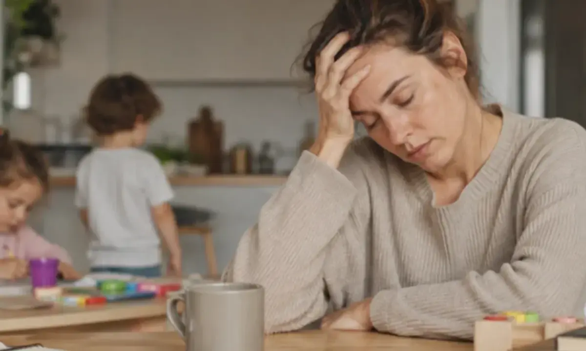 Donna esausta con la mano sulla fronte, circondata da giocattoli e bambini. Un'immagine che cattura il **burnout genitoriale**.