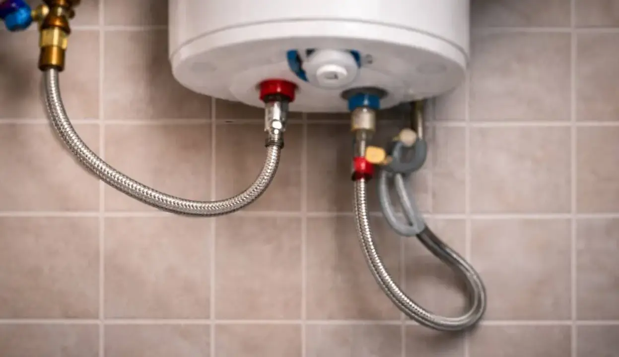 Detalles de cómo cambiar un termo eléctrico: conexiones de agua fría y caliente con mangueras flexibles.