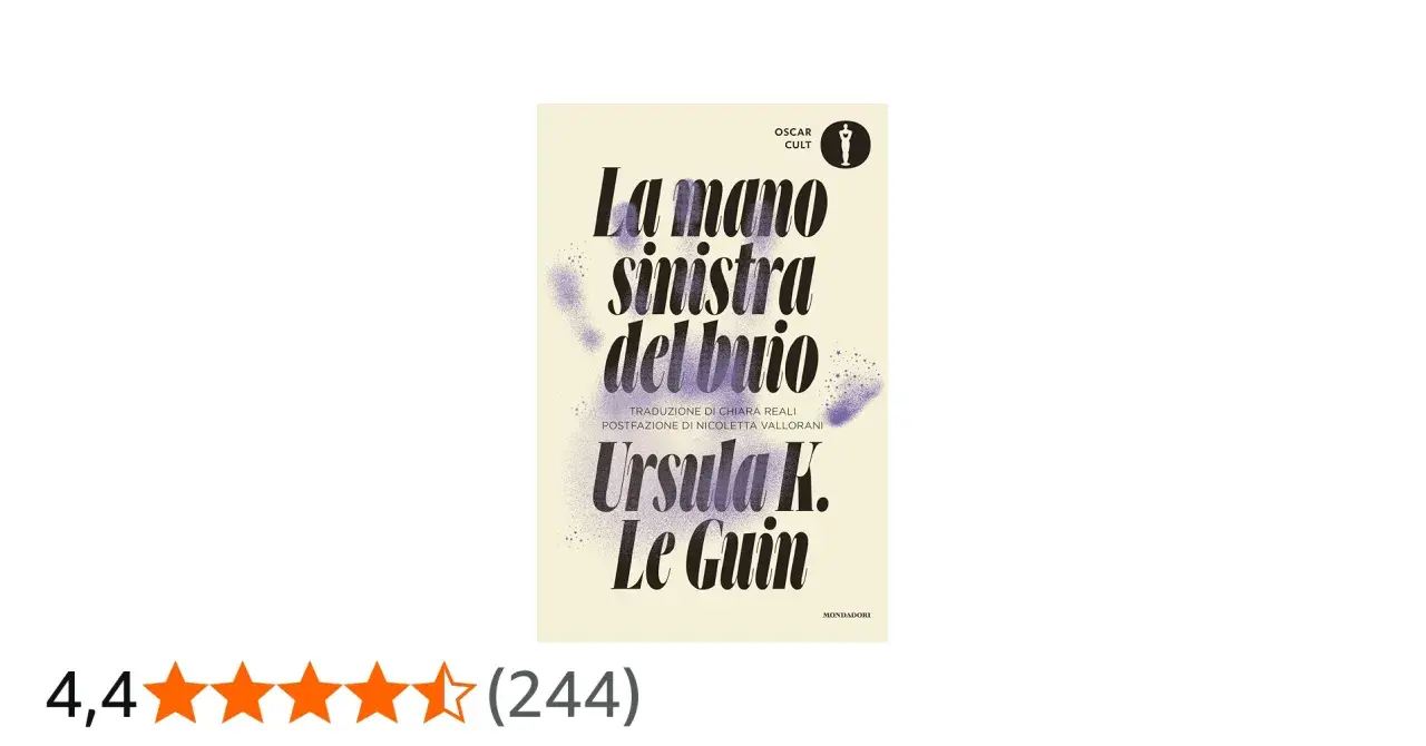 Copertina del libro "La mano sinistra del buio" di Ursula K. Le Guin, con un design astratto e stelle viola.