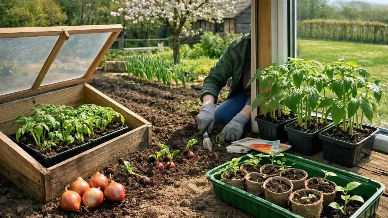 Jardiner en mars : semis de tomates sous châssis, plantation d'oignons et repiquage de jeunes plants. Le printemps s'annonce au jardin.