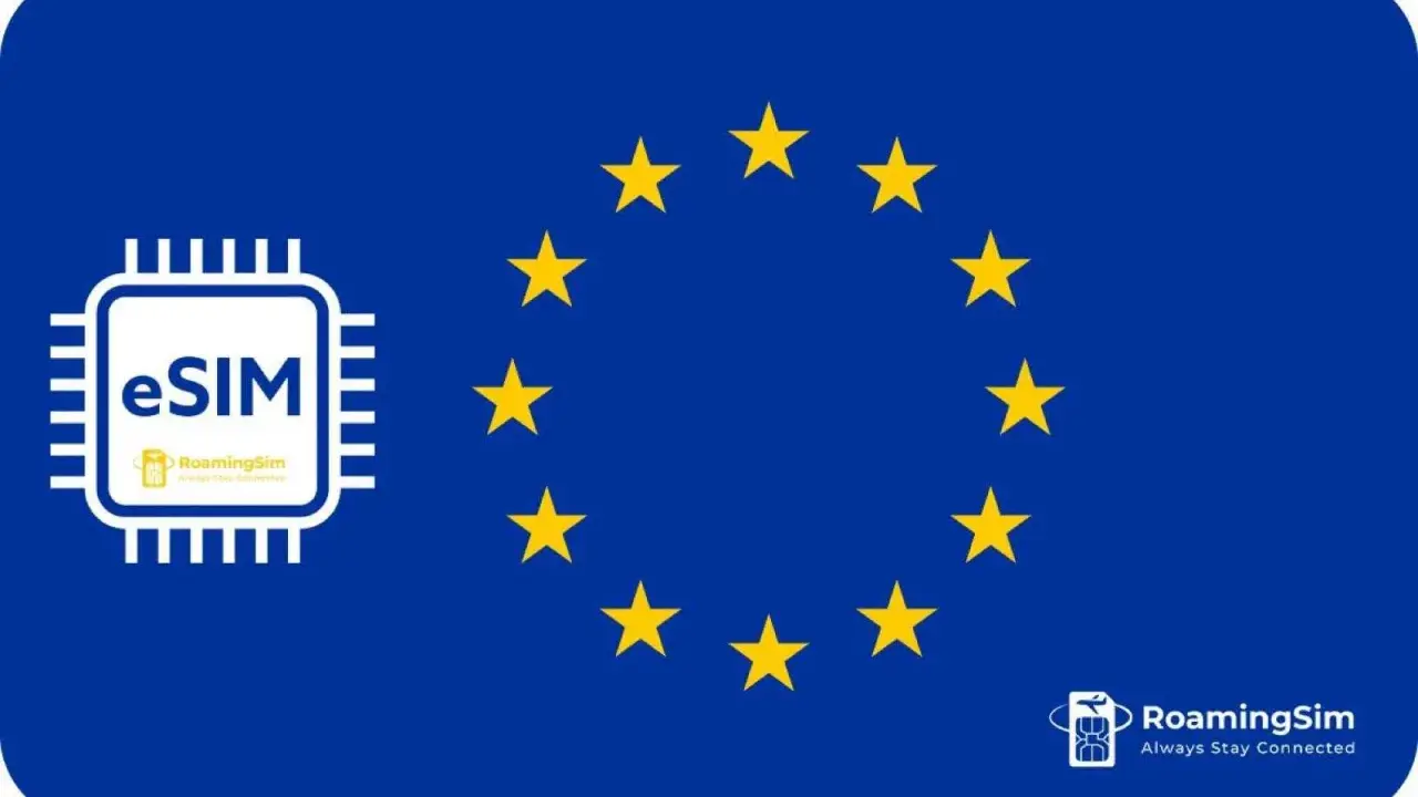 eSIM od RoamingSim to Twój klucz do swobodnego internetu mobilnego za granicą, z symbolem Unii Europejskiej.