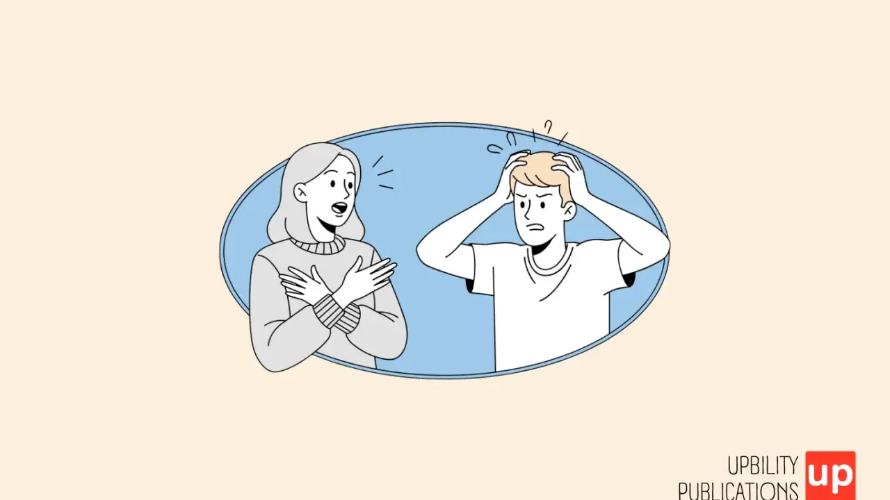 Donna parla con un uomo che si tiene la testa, visibilmente stressato, forse soffre di disartria da stress.