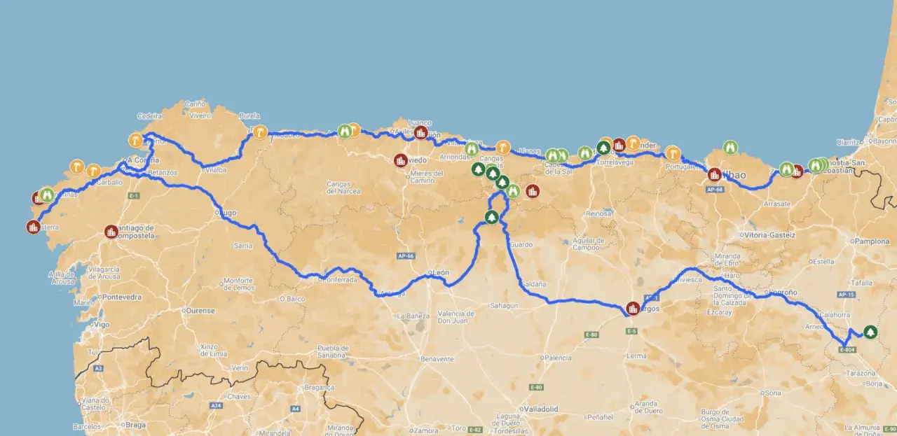 Karte zeigt eine Route durch Nordspanien, ideal für einen Urlaub mit vielen Sehenswürdigkeiten und Etappen.