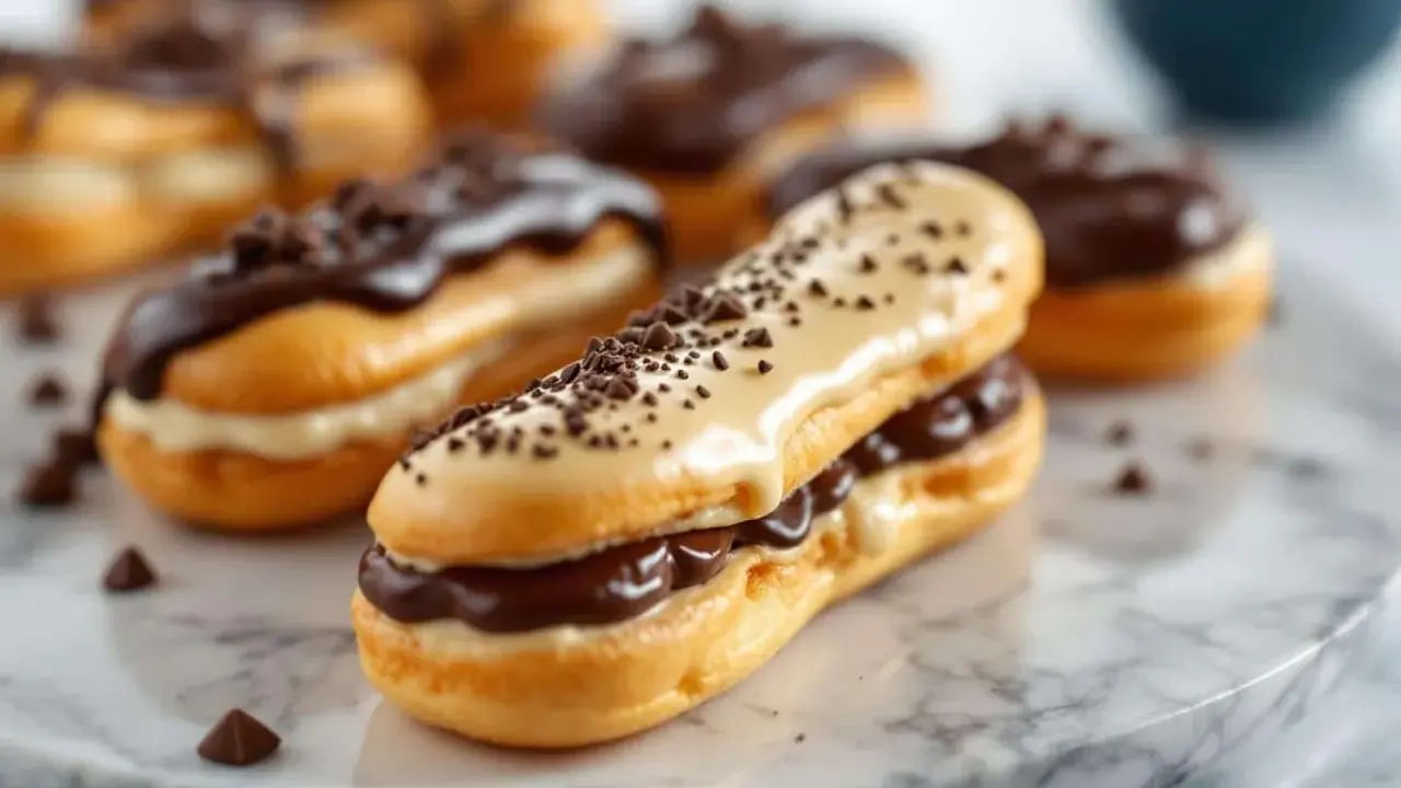 Éclairs gourmands, parfaits après le temps de cuisson pâte à choux. Garnis de crème et nappés de chocolat, ils sont prêts à être dégustés.