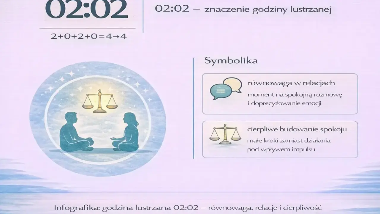 Godzina lustrzana 02:02 symbolizuje równowagę w relacjach i cierpliwe budowanie spokoju.
