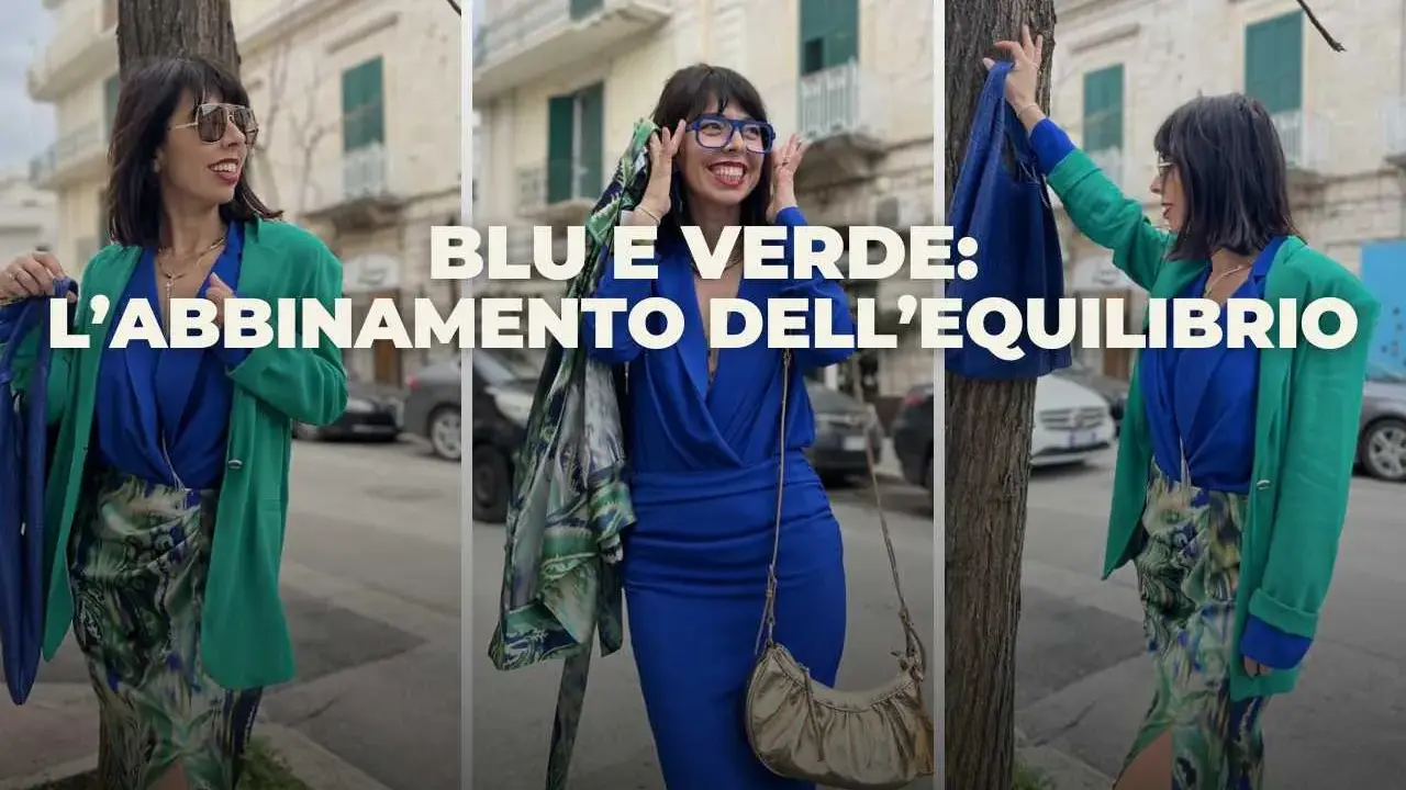 Donna con abito blu e giacca verde, un perfetto verde e blu abbinamento.