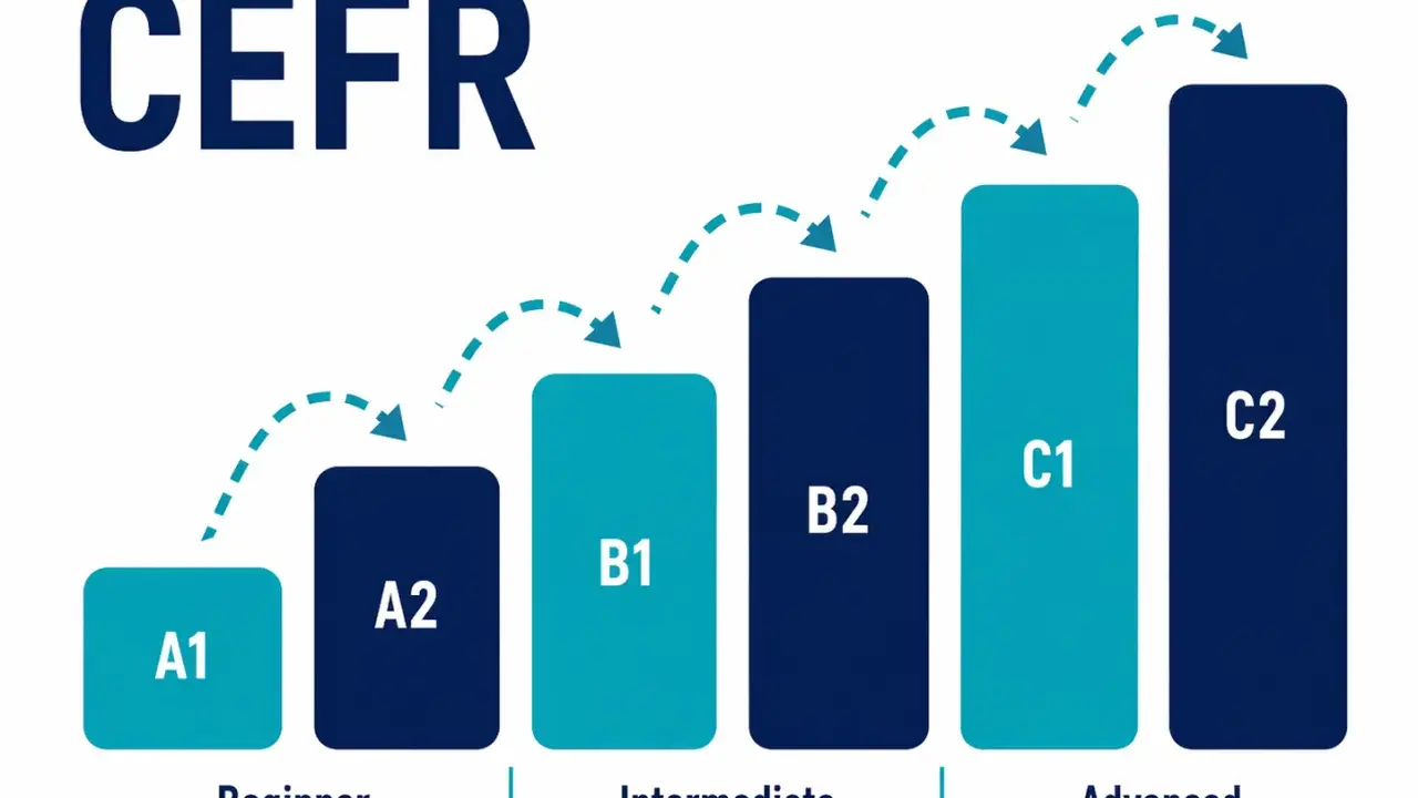 Wykres CEFR pokazuje poziomy angielskiego: A1, A2 (początkujący), B1, B2 (średniozaawansowany), C1, C2 (zaawansowany). Jaki poziom angielskiego po maturze?