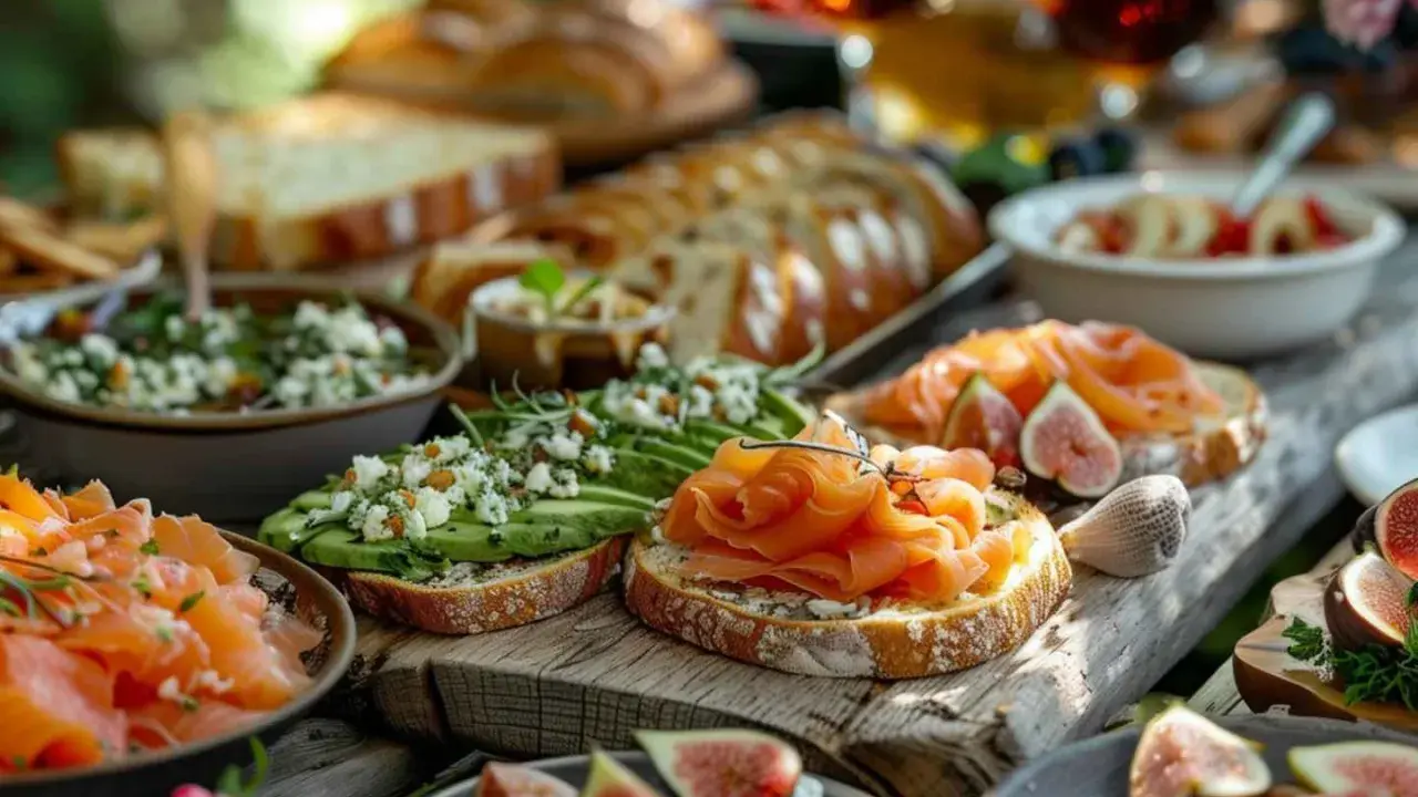 En härlig brunch med rökt lax, avokado, färskost och fikon på rustikt bröd. Perfekt för ett somrigt brunch recept.