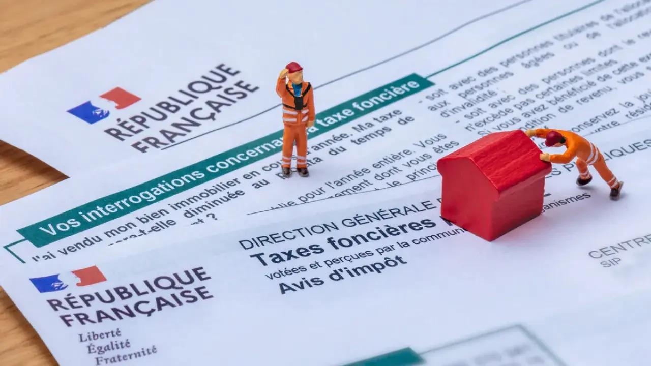 Figurines sur des documents fiscaux français. L'une pousse une maison rouge, symbolisant la taxe foncière pour un revenu modeste.