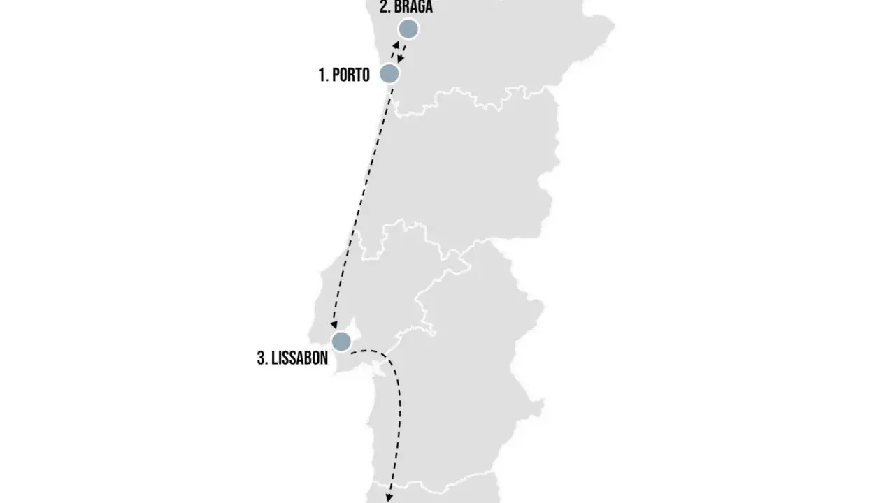 Karte von Portugal mit einer Route von Porto über Lissabon nach Faro. Die Frage "wie groß ist Portugal" wird durch die Darstellung der Reise von Nord nach Süd beantwortet.