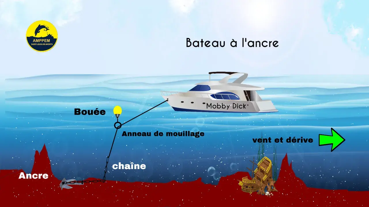 Illustration expliquant comment fonctionne une ancre de bateau : une ancre, une chaîne, un anneau de mouillage et une bouée maintiennent le "Mobby Dick" en place.