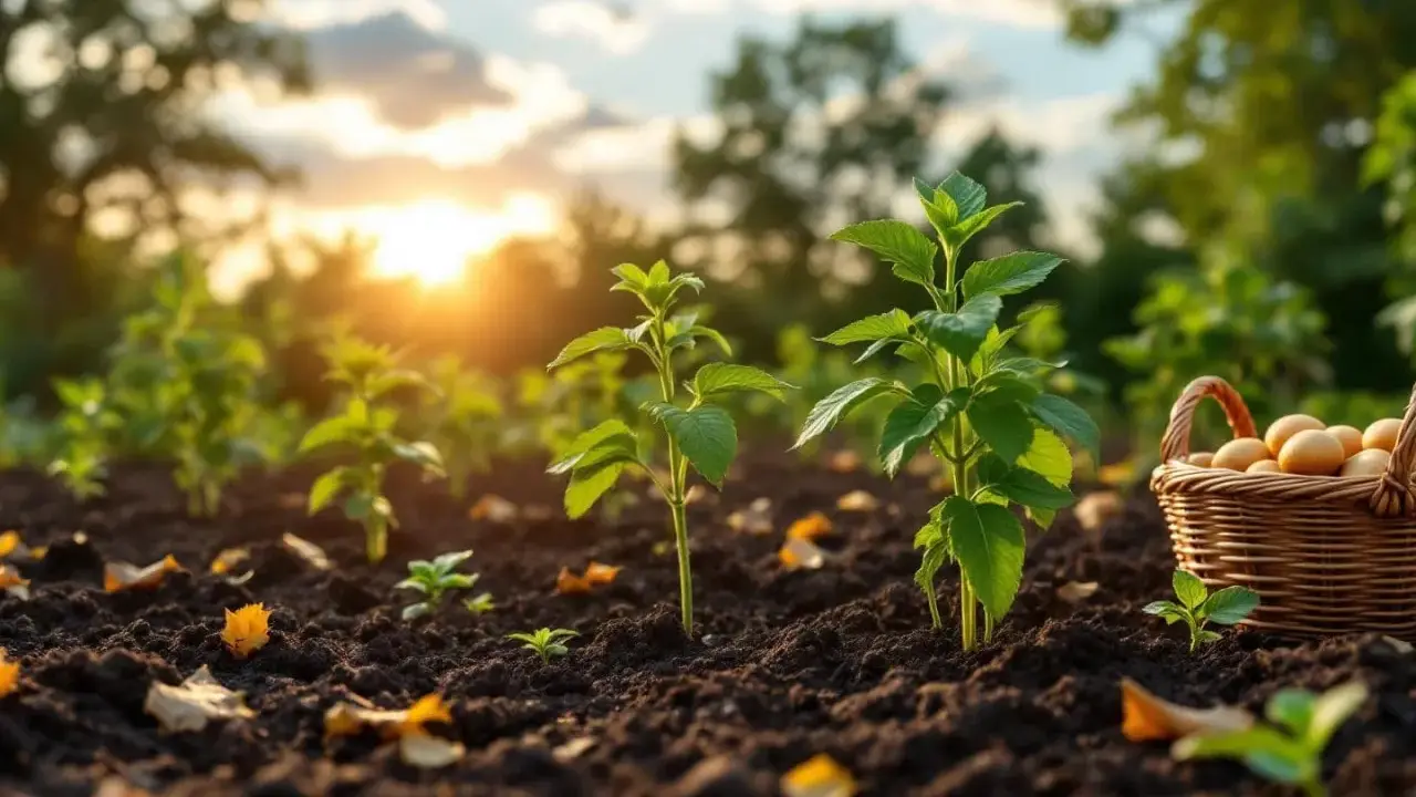 Jeunes pousses vertes dans la terre, prêtes à grandir. Un panier de pommes de terre attend d'être planté.