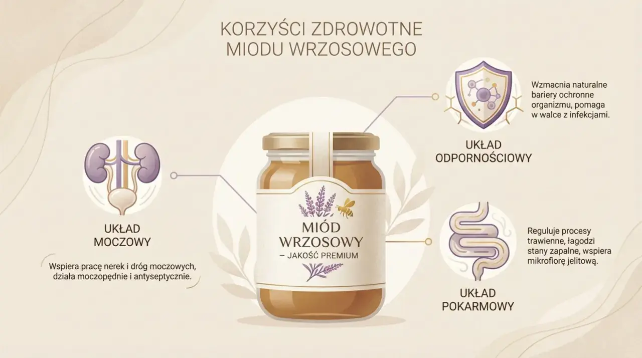 Słoik miodu wrzosowego z ikonami układu odpornościowego, moczowego i pokarmowego.