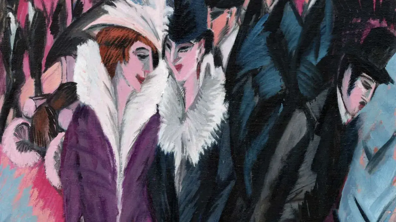 Menschen in eleganter Kleidung, ein typisches Motiv des Expressionismus, Kunst, Zeitraum. Lebendige Farben und dynamische Pinselstriche.