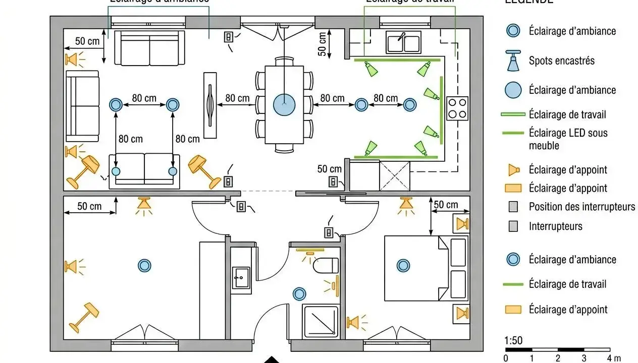 Plan d'une maison en L avec différents types d'éclairage : d'ambiance, de travail, d'appoint.