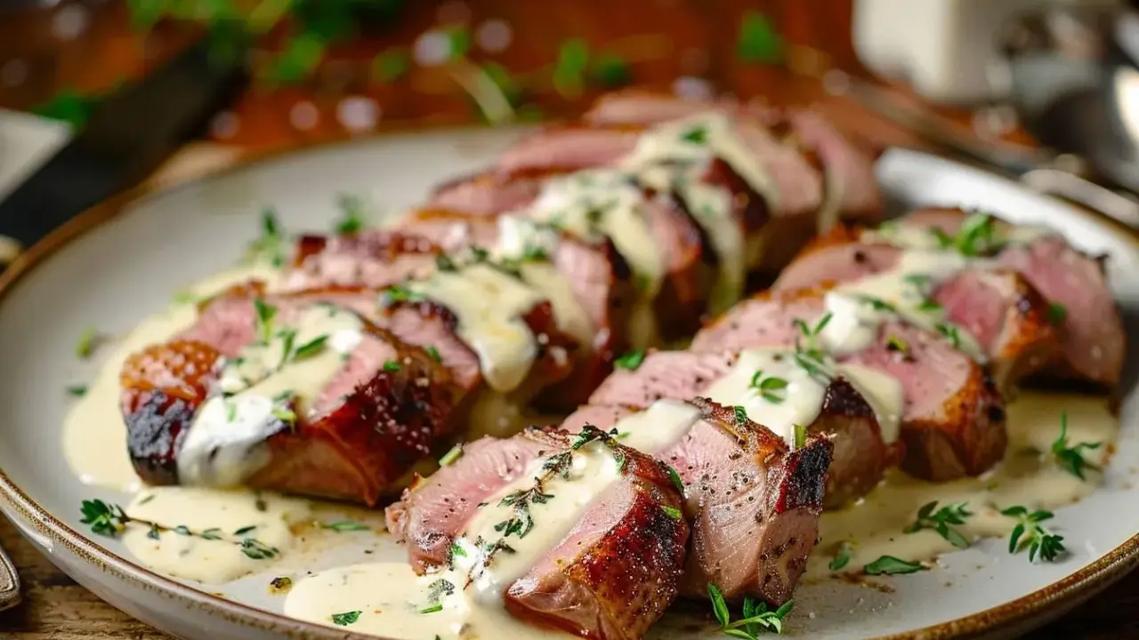 Délicieuses aiguillettes de canard poêlées, nappées d'une sauce crémeuse et garnies de thym frais. Un plat savoureux prêt à être dégusté.