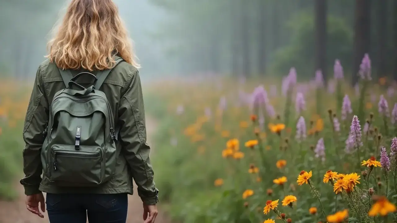En kvinna med ryggsäck vandrar på en stig genom en blomsteräng. En symbol för livet efter utmattningssyndrom, där lugn och återhämtning blomstrar.