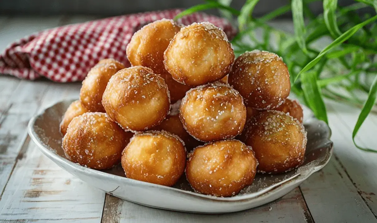 Montón de buñuelos de viento dorados y espolvoreados con azúcar, servidos en un plato blanco sobre una mesa de madera.