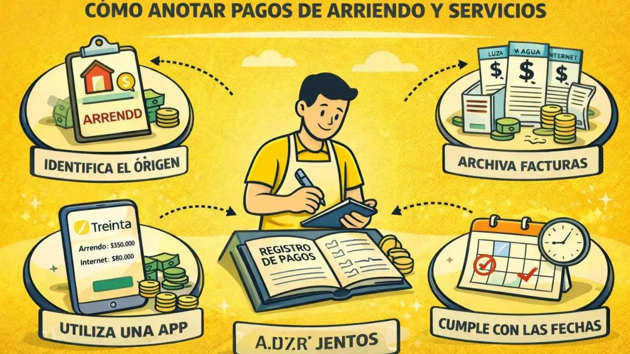 Un hombre registra pagos de arriendo y servicios. Identifica el origen, usa una app, archiva facturas y cumple fechas. El pago recurrente es clave.