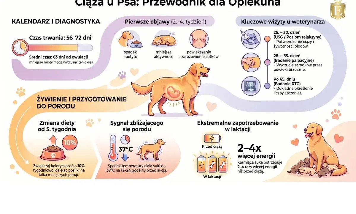 Ilustracja pokazuje, ile pies jest w ciąży, od pierwszych objawów po poród i laktację.