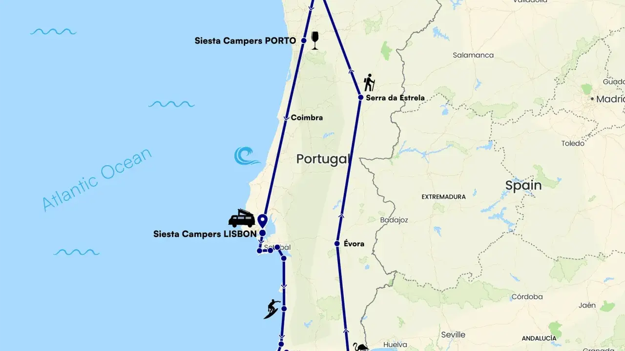 Reiseroute durch Portugal, die Lissabon, Porto, Faro und die Serra da Estrela umfasst. Diese Lissabon Highlights Tour zeigt die Vielfalt des Landes.