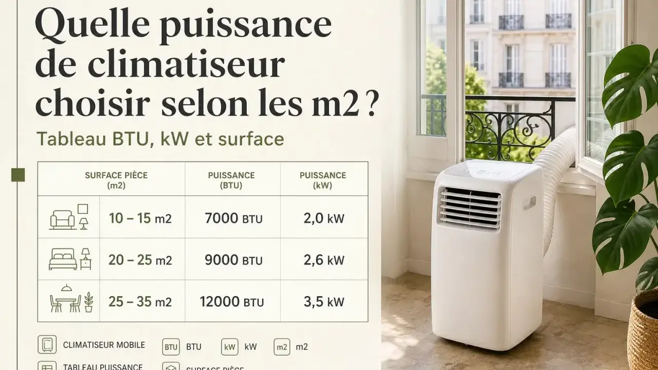 Tableau de puissance climatiseur indiquant les BTU et kW nécessaires selon la surface de la pièce. Un climatiseur mobile est visible.