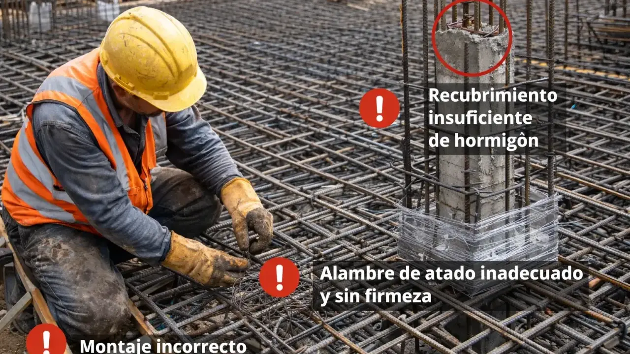 Obrero trabajando en la ferralla, mostrando errores de montaje, recubrimiento insuficiente de hormigón y alambre de atado inadecuado.