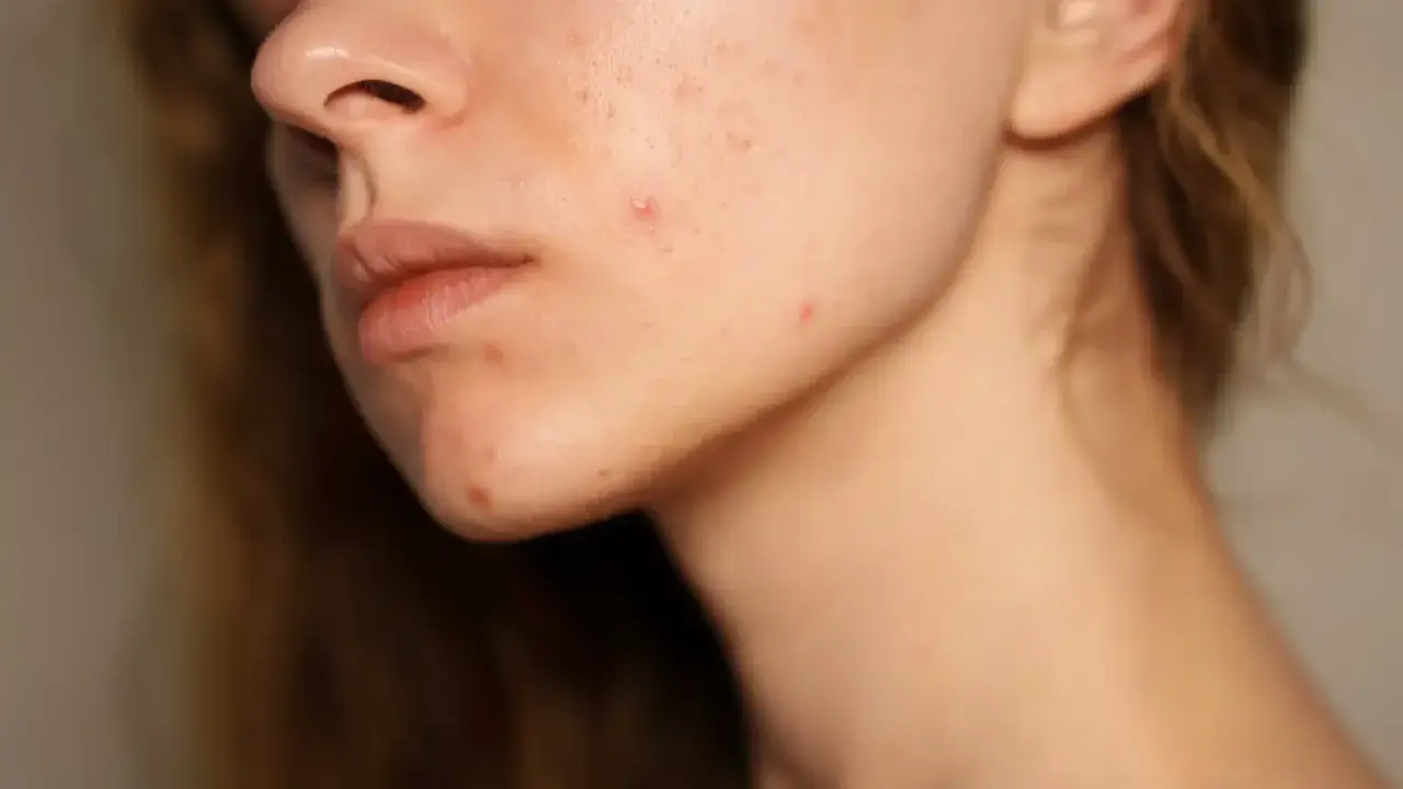 Visage d'une jeune femme avec des rougeurs et des marques de cicatrice acné sur la joue et le menton.