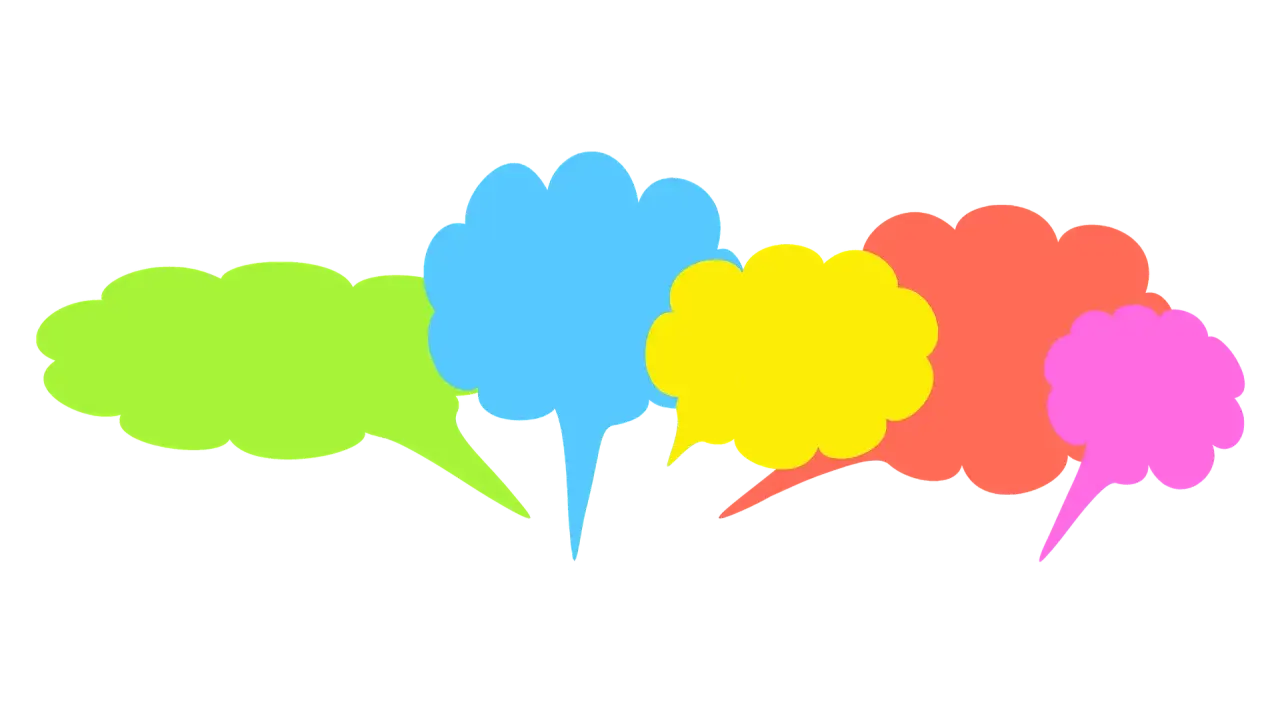 Kolorowe dymki dialogowe, idealne do ćwiczeń z word formation B2, tworzą barwną chmurę myśli.