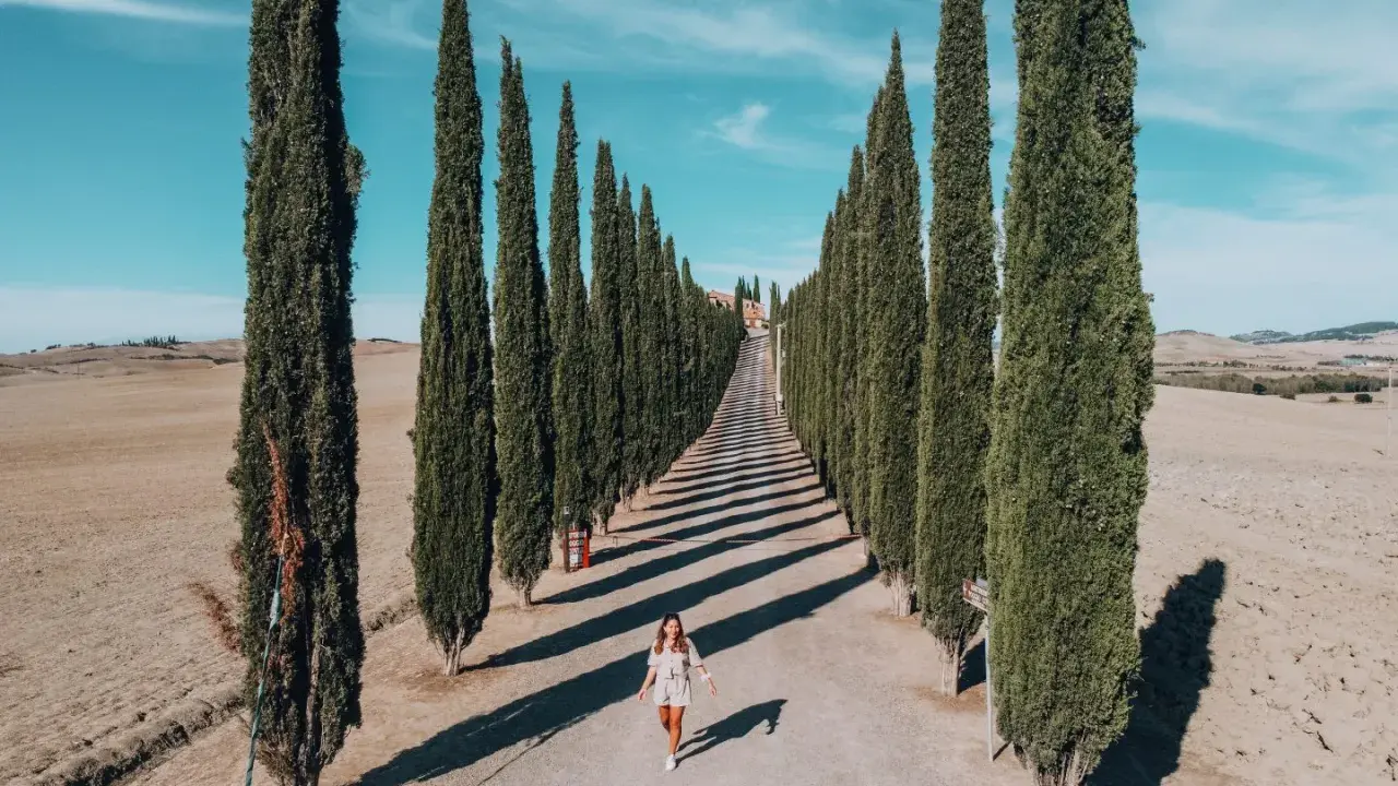 Una donna cammina lungo un viale di cipressi nel Val d'Orcia, con un casale in cima alla collina.