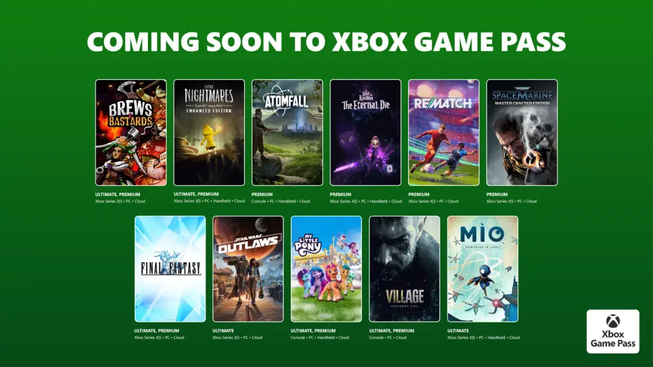 Nadchodzące **premiery Game Pass** na Xbox: Brews Bastards, Little Nightmares, Atomfall, The Eternal Die, Rematch, Space Marine, Final Fantasy, Star Wars Outlaws, My Little Pony, Resident Evil Village, Mio.