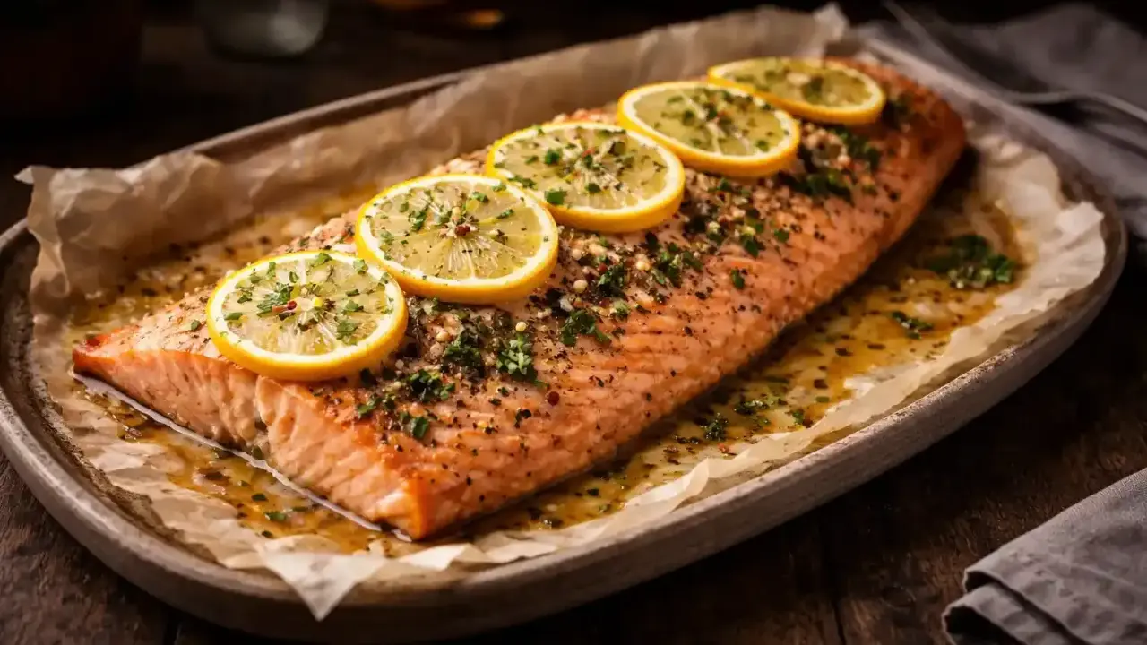 En hel, lyxig lax i ugn, toppad med citronskivor och örter, serverad på ett fat med bakplåtspapper.